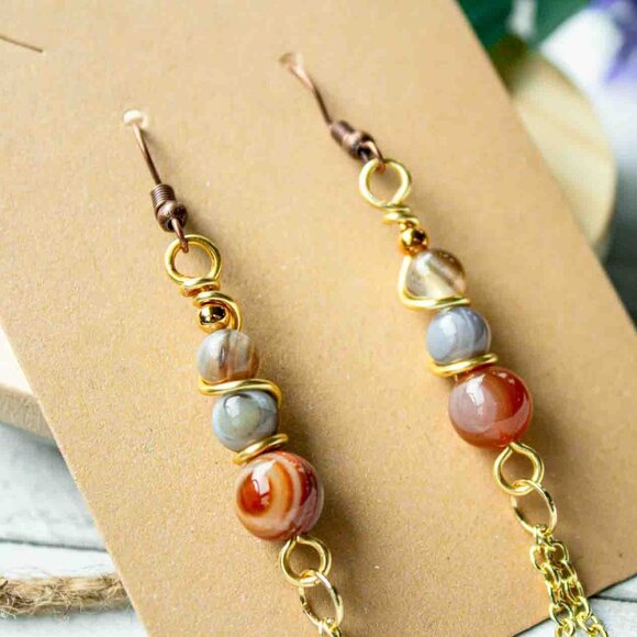 Elegant Three-Bead Multicolor Agate Dangle Earrings with 14k Gold Chain - Picture 1 of 9